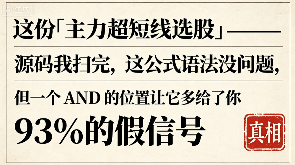 「主力超短线选股」——源码我扫完,这公式语法没问题，但一个 AND 的位置让它多给了你 93% 的假信号