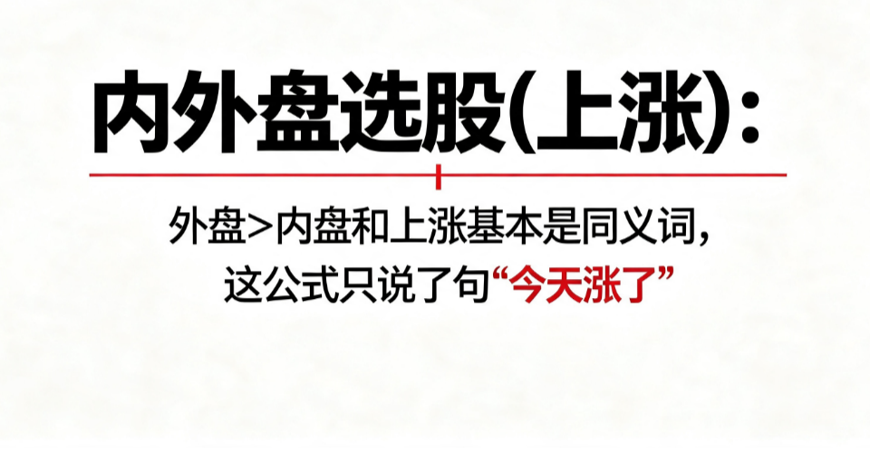 内外盘选股(上涨)：外盘>内盘和上涨基本是同义词，这公式只说了句"今天涨了"