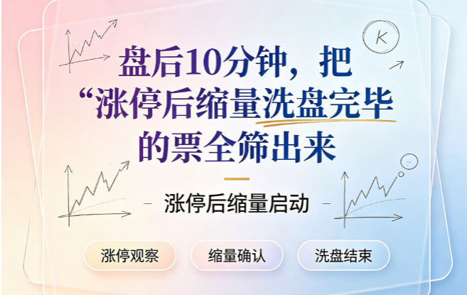 盘后10分钟，把"涨停后缩量洗盘完毕"的票全筛出来｜涨停后缩量启动