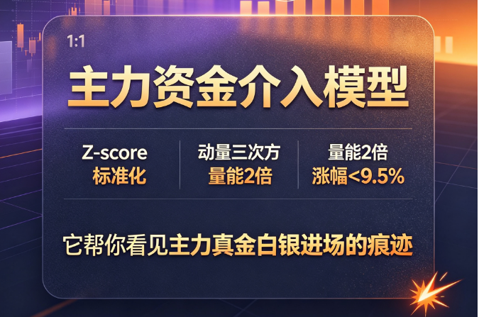 主力资金介入模型：像X光透视一样——Z-score是骨架，动量三次方是肌肉，量能2倍是心跳，它帮你看见K线背后的资金流向