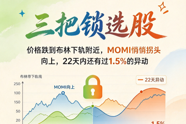 不触下轨不关注，不拐头不动手！「三把锁选股」四重过滤：动量底背离+布林触底+回踩MA60+双均线抬头，只锁定真底