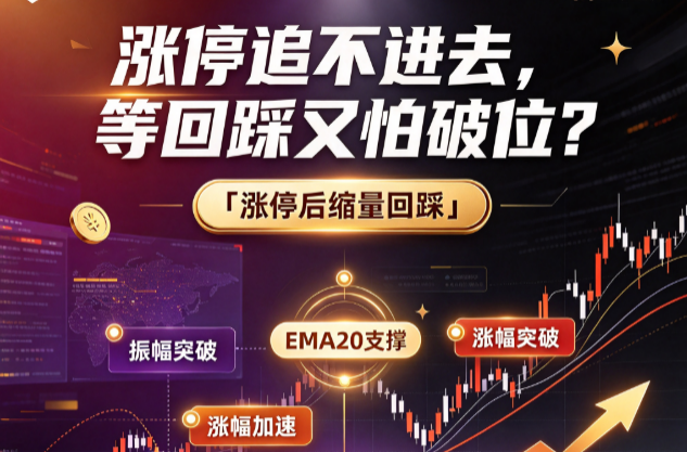 别人涨停后追高被套，你等缩量回踩EMA20接筹。「涨停后缩量回踩」用振幅强度+涨幅加速+无上影线三重过滤，把"真洗盘"和"真出货"一刀切开