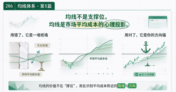 大多数人学均线的第一课是："股价回踩20日线买入"。然后亏钱，然后说"均线没用"。  问题不在均线，在用法。